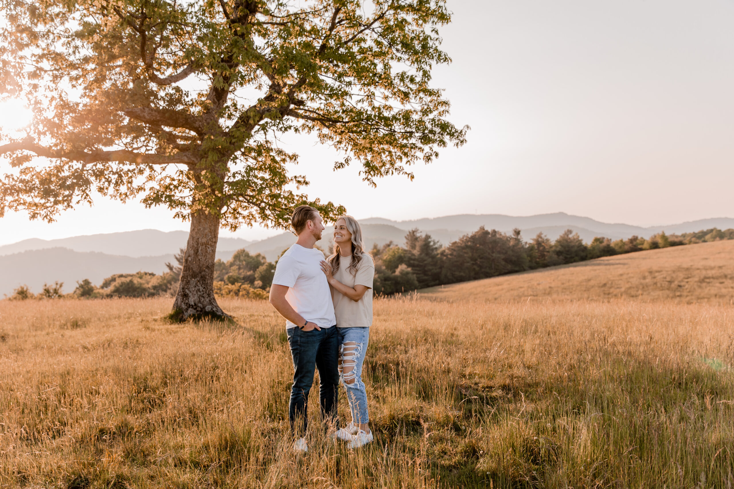 Couple on the Blue Ridge Mountains under a tree during sunset