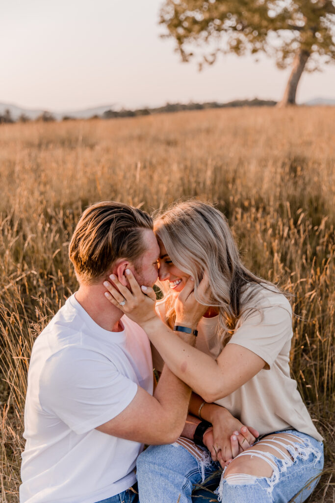 Blue Ridge Mountains sunset engagement with tall grass