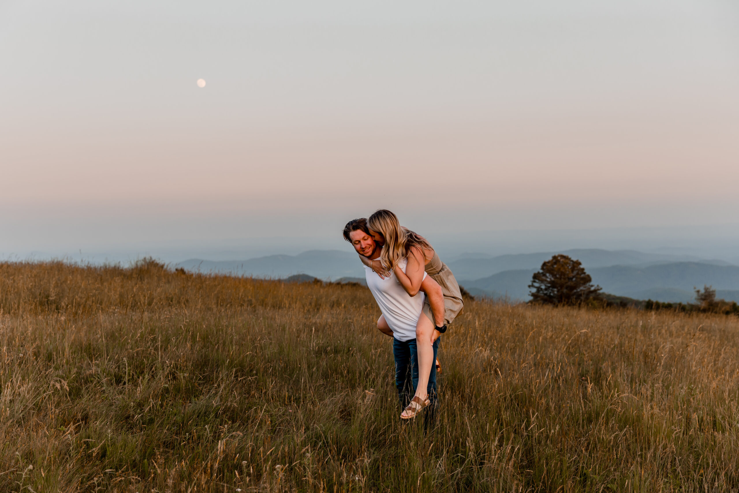 Blue Ridge Mountain sunset engagement with full moon
