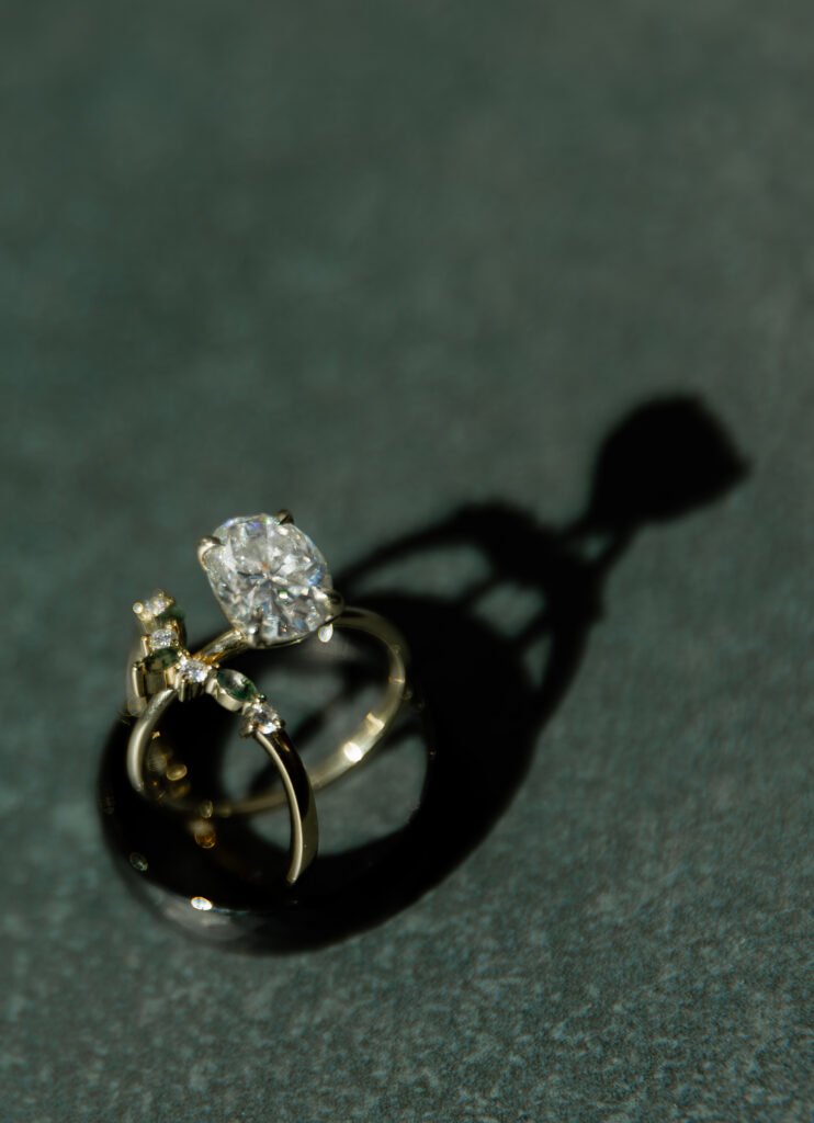 Close-up of wedding rings before Big Sur elopement
