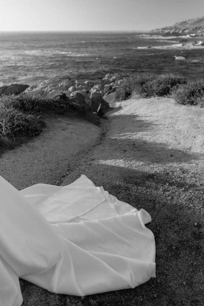 Wedding dress on coastal trail at Garrapata State Park in Big Sur