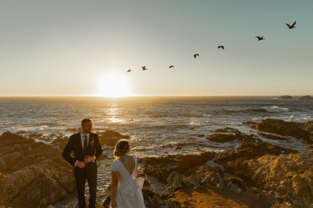 Couple looking at birds flying over cliffs in Big Sur after elopement ceremony